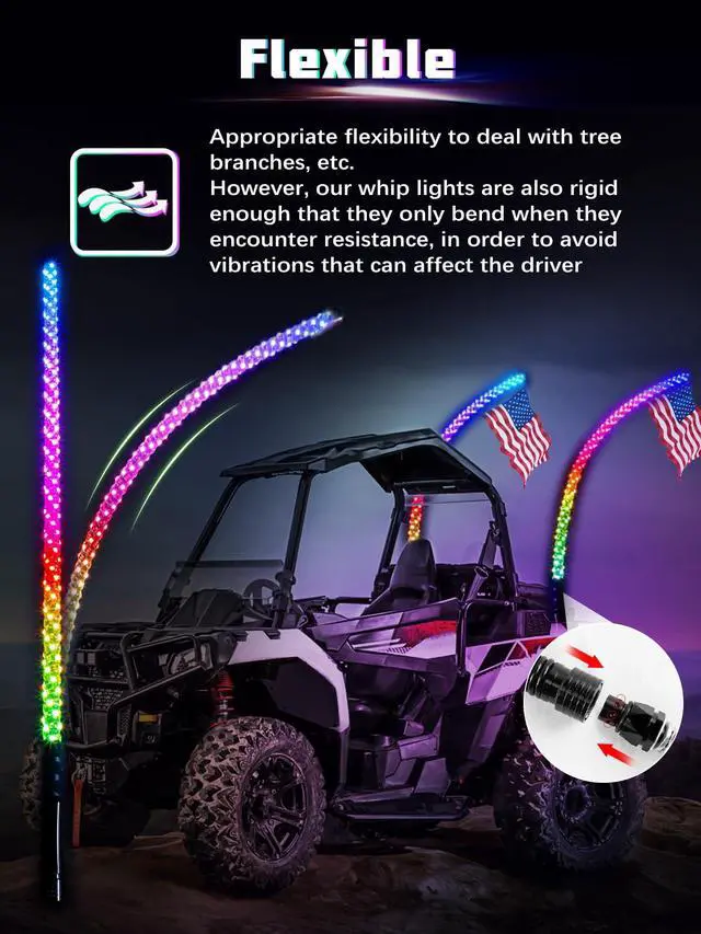 Alt view image 5 of 7 - 2PCS 3FT LED Whip Lights with Spring Base Spiral RGB Chasing Lights with APP & Remote Control, Music Antenna Whip Light for Can-Am UTV ATV RZR Can-Am SXS Polaris Offroad Truck