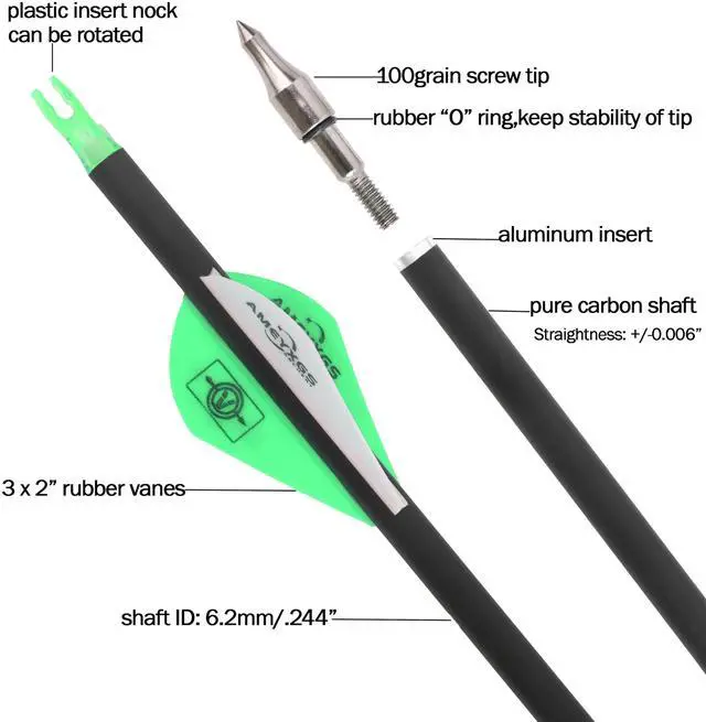 Alt view image 2 of 6 - wolfman 31" Pure Carbon Arrows Archery Practice Hunting Arrows Spine 300 350 400 500 600 with Removable Tips Targeting Arrows for Compound & Recurve & Long Bow 6/12pcs (6, Green, Spine 350)