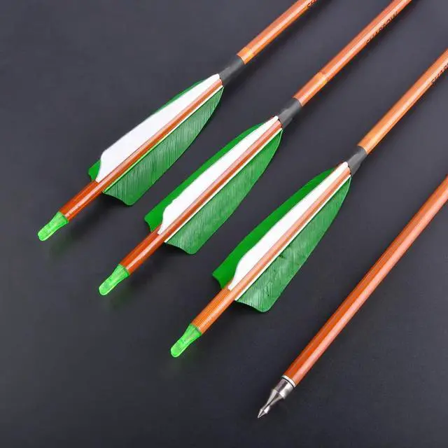 Alt view image 2 of 7 - SHARROW 30 Inch Archery Carbon Arrows Bamboo Pattern Shaft 500 Spine Practice Hunting Arrows with Natural Feather Fletching for Archery Hunting Target Shooting 6/12pcs (12 x Green Arrows)