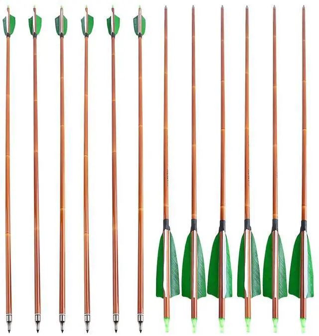 Alt view image 7 of 7 - SHARROW 30 Inch Archery Carbon Arrows Bamboo Pattern Shaft 500 Spine Practice Hunting Arrows with Natural Feather Fletching for Archery Hunting Target Shooting 6/12pcs (12 x Green Arrows)