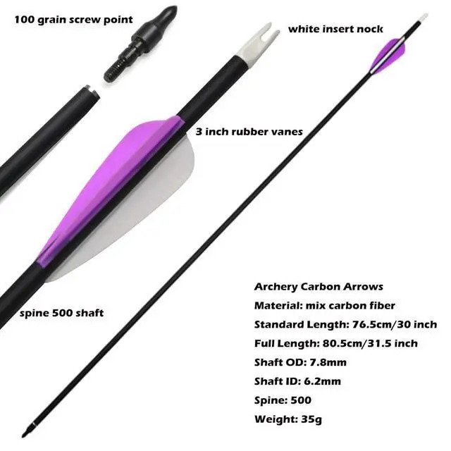 Alt view image 4 of 6 - SHARROW Archery 6/12pcs 32inch Carbon Arrow Spine 500 Hunting Arrows Targeting Practice Arrows with Removable Tips for Compound Bow and Recurve Bow (12)