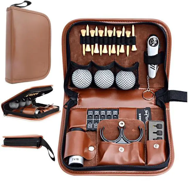 Main image of wolfman Golf Accessories Set with Hi-End Case, Golf Balls, Rangefinder, Golf Tees, Brush, Multifunctional Divot Knife, Scorer, Golf Ball Clamp for Women and Men Golf Gifts (Brown)
