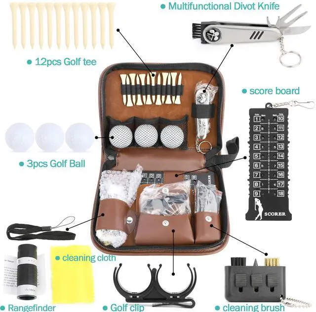 Alt view image 2 of 6 - wolfman Golf Accessories Set with Hi-End Case, Golf Balls, Rangefinder, Golf Tees, Brush, Multifunctional Divot Knife, Scorer, Golf Ball Clamp for Women and Men Golf Gifts (Brown)