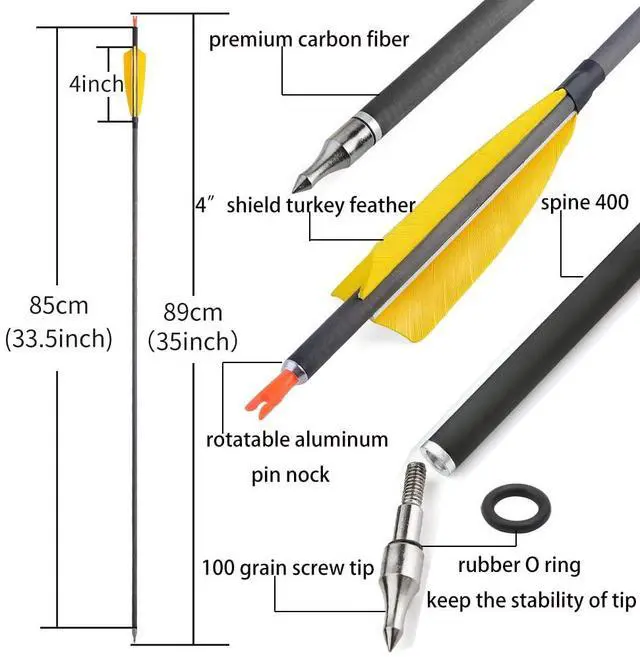 Alt view image 4 of 7 - SHARROW 33 inch Carbon Arrow Hunting Arrows 400 Spine with 100 Grain Removable Tips for Archery Compound & Recurve & Traditional Bow Hunting Practice Shooting 6/12pcs (12pcs, Yellow)