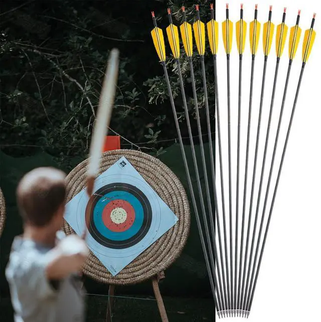 Alt view image 6 of 7 - SHARROW 33 inch Carbon Arrow Hunting Arrows 400 Spine with 100 Grain Removable Tips for Archery Compound & Recurve & Traditional Bow Hunting Practice Shooting 6/12pcs (12pcs, Yellow)