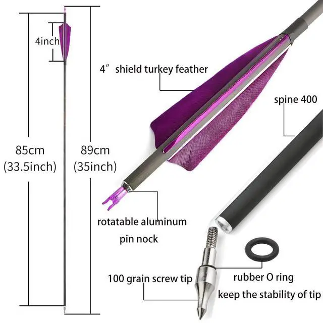 Alt view image 4 of 7 - SHARROW 33 inch Carbon Arrow Hunting Arrows 400 Spine with 100 Grain Removable Tips for Archery Compound & Recurve & Traditional Bow Hunting Practice Shooting 6/12pcs (12pcs, Purple)