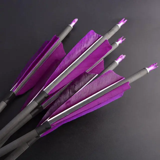 Alt view image 5 of 7 - SHARROW 33 inch Carbon Arrow Hunting Arrows 400 Spine with 100 Grain Removable Tips for Archery Compound & Recurve & Traditional Bow Hunting Practice Shooting 6/12pcs (12pcs, Purple)