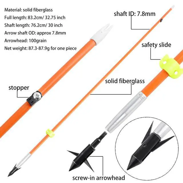 Alt view image 4 of 7 - SHARROW Bowfishing Arrows 32 Inch Fish Hunting Solid Fiberglass Shaft for Compound Recurve Bow 6 Pack (6, bowfishing arrows with black broadheads)