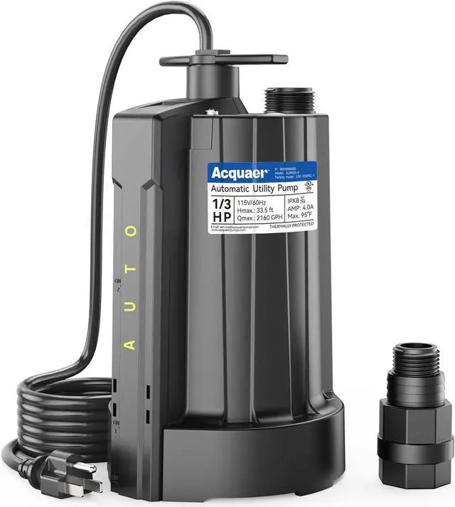 Main image of 1/3 HP Automatic Submersible Water Pump, 115V Sump Pump with 3/4 Garden Hose Adapter, 2160 GPH High Flow Water Removal for Swimming Pool Cover Hot Tubs Flooded House Basement, Black