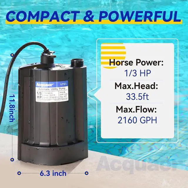 Alt view image 2 of 6 - 1/3 HP Automatic Submersible Water Pump, 115V Sump Pump with 3/4 Garden Hose Adapter, 2160 GPH High Flow Water Removal for Swimming Pool Cover Hot Tubs Flooded House Basement, Black