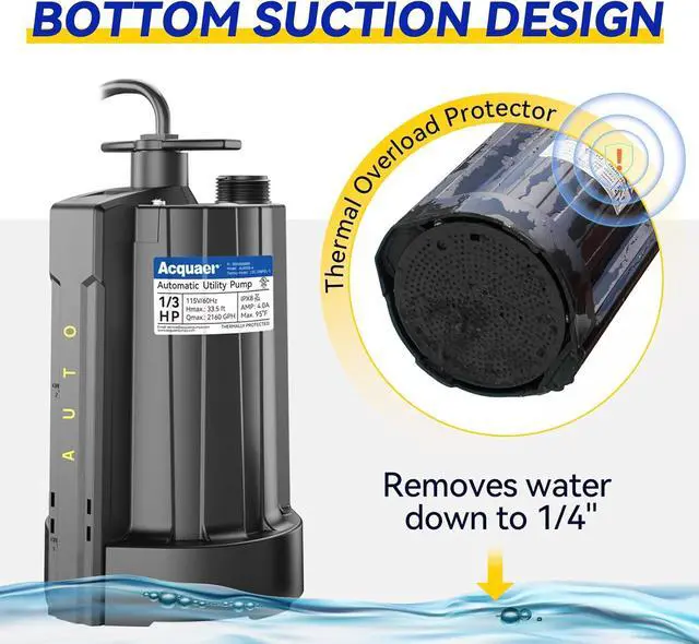 Alt view image 5 of 6 - 1/3 HP Automatic Submersible Water Pump, 115V Sump Pump with 3/4 Garden Hose Adapter, 2160 GPH High Flow Water Removal for Swimming Pool Cover Hot Tubs Flooded House Basement, Black