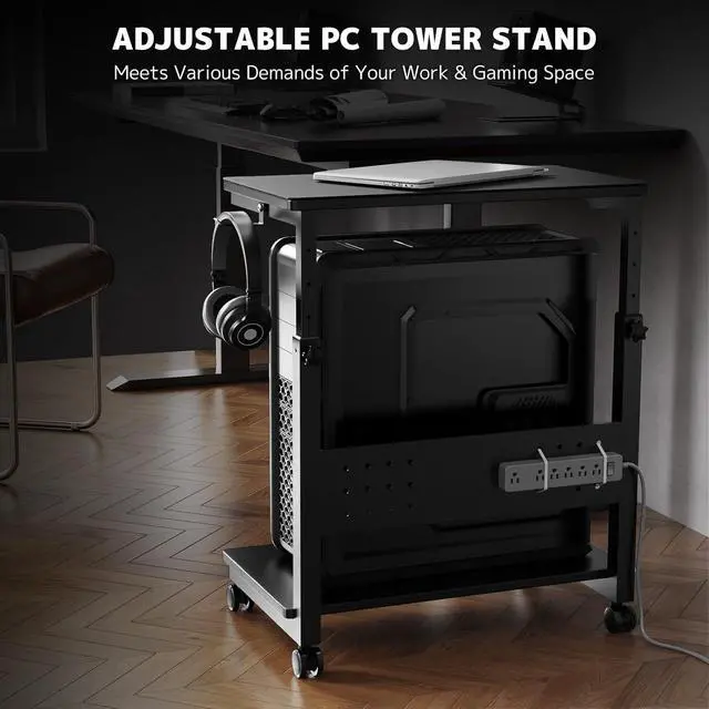 Alt view image 2 of 7 - Computer Tower Stand Cart - 2-Tier CPU Cart with 4 Casters, Rolling Holder with Pegboard & 2 Hooks, Height Adjustable from 19 1/8" to 31 11/16", for Office Home Gaming