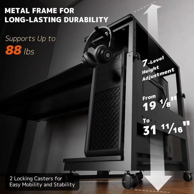 Alt view image 3 of 7 - Computer Tower Stand Cart - 2-Tier CPU Cart with 4 Casters, Rolling Holder with Pegboard & 2 Hooks, Height Adjustable from 19 1/8" to 31 11/16", for Office Home Gaming