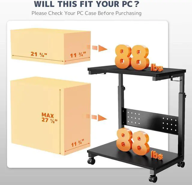 Alt view image 4 of 7 - Computer Tower Stand Cart - 2-Tier CPU Cart with 4 Casters, Rolling Holder with Pegboard & 2 Hooks, Height Adjustable from 19 1/8" to 31 11/16", for Office Home Gaming