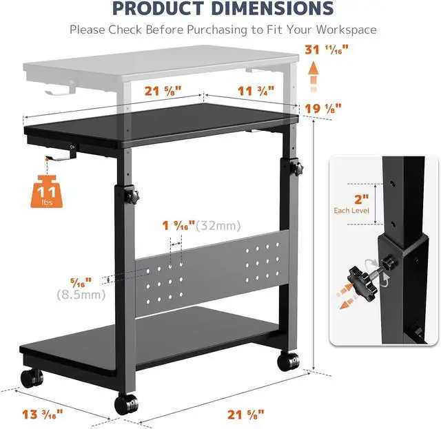 Alt view image 5 of 7 - Computer Tower Stand Cart - 2-Tier CPU Cart with 4 Casters, Rolling Holder with Pegboard & 2 Hooks, Height Adjustable from 19 1/8" to 31 11/16", for Office Home Gaming
