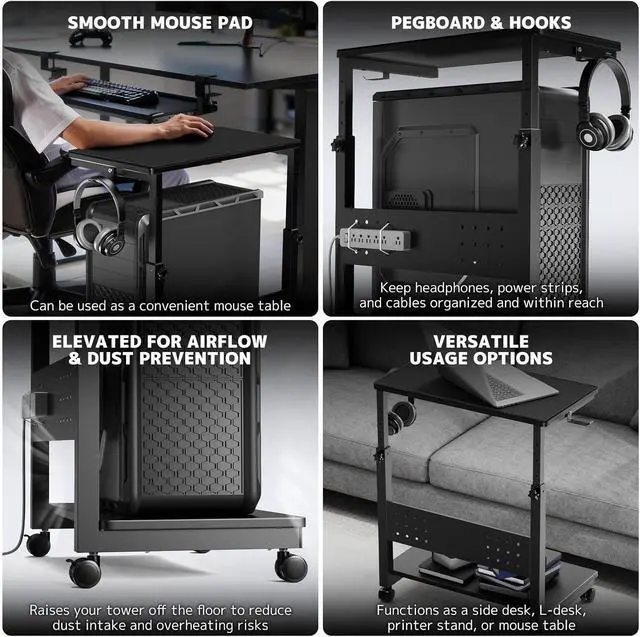 Alt view image 7 of 7 - Computer Tower Stand Cart - 2-Tier CPU Cart with 4 Casters, Rolling Holder with Pegboard & 2 Hooks, Height Adjustable from 19 1/8" to 31 11/16", for Office Home Gaming