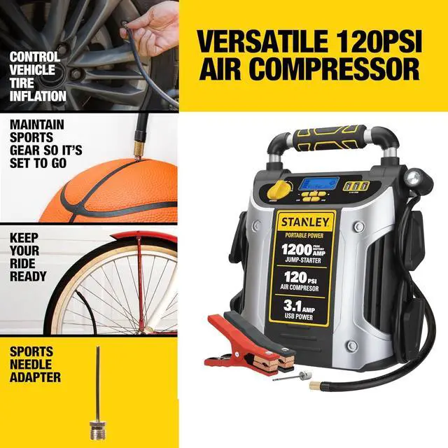 Alt view image 3 of 7 - Stanley J5C09D 1200 Peak Amp Automotive Jump Starter, Portable Power 2.1A/10W USB Port, 120 PSI Air Compressor
