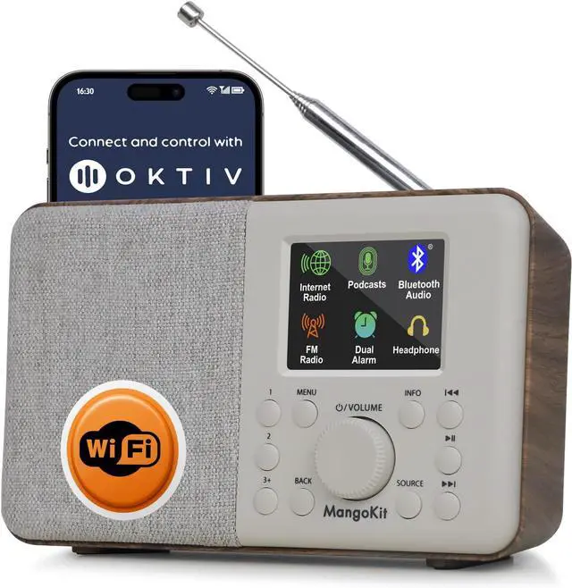 Main image of SR10 Bluetooth 5.3, Podcast Player, Portable FM Radio, Mains or AA Battery Powered, Color Display, 60 Presets, Dual Alarms, App Control Support-Walnut