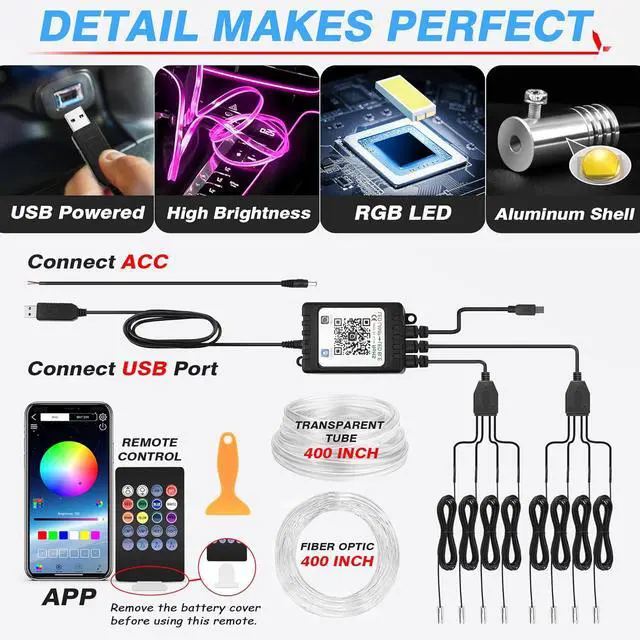 Alt view image 3 of 7 - Car LED Interior Strip Light, 8 in 1 RGB Multicolor with 400 inches Fiber Optic Ambient Lighting Kits with Remote and APP Control, Car USB LED Strip Lights with Music Sync Mode