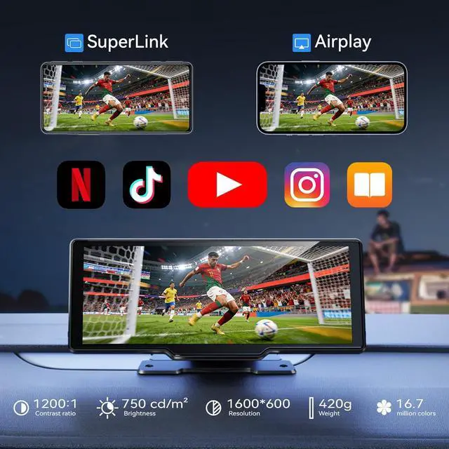 Alt view image 4 of 7 - Portable Carplay Screen for Car, 10.26" Wireless Carplay Car Stereo & Android Auto, OTA Updates, Car Play Touchscreen with 1080P Backup Camera,GPS Navigation,Voice Control,5.0 Bluetooth (10.26inch)