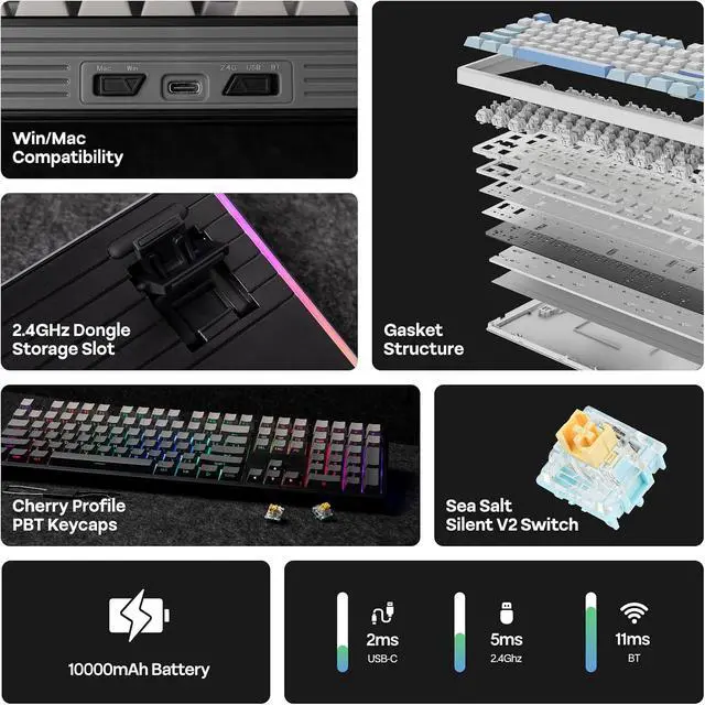 Alt view image 2 of 7 - TH108 Full Size Mechanical Keyboard, Wireless Gaming Keyboard with 8000mAh Battery, Creamy Gasket, 108 Keys, Hot Swap, Custom Driver, RGB Backlight (Black, Sea Salt Silent)