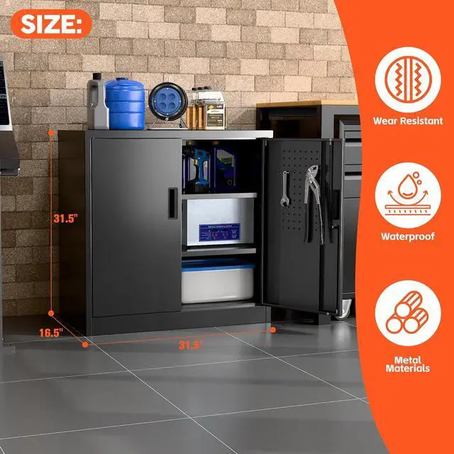 Alt view image 3 of 7 - 31.5" H Garage Storage Cabinet with 2 Shelves, Metal Cabinet with Lock and 4 Hooks for Home Office Garage, Black, Assembly Required