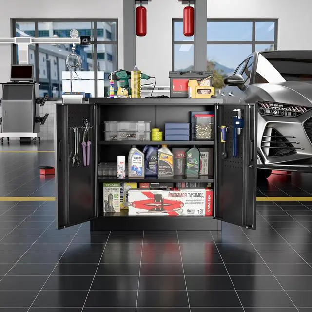 Alt view image 2 of 7 - 31.5" H Garage Storage Cabinet with 2 Shelves, Metal Cabinet with Lock and 4 Hooks for Home Office Garage, Black, Assembly Required