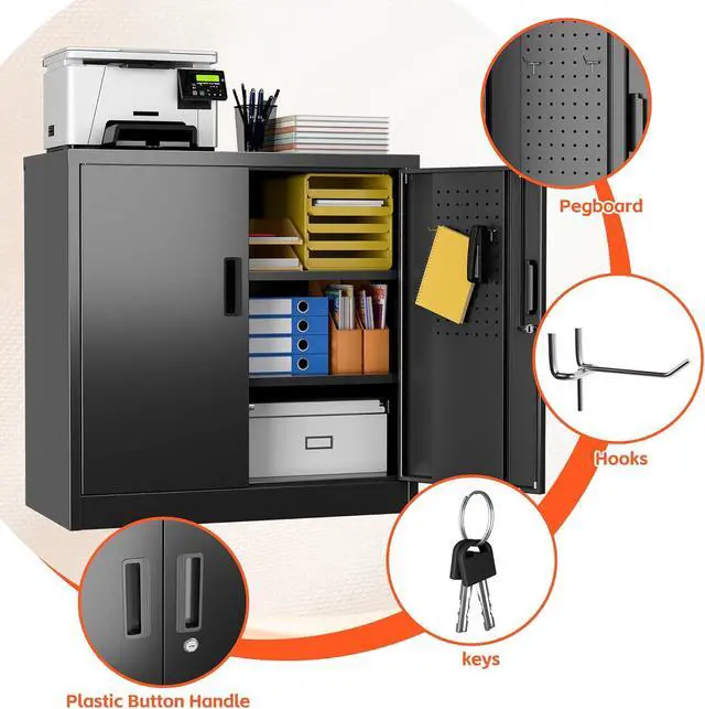 Alt view image 5 of 7 - 31.5" H Garage Storage Cabinet with 2 Shelves, Metal Cabinet with Lock and 4 Hooks for Home Office Garage, Black, Assembly Required