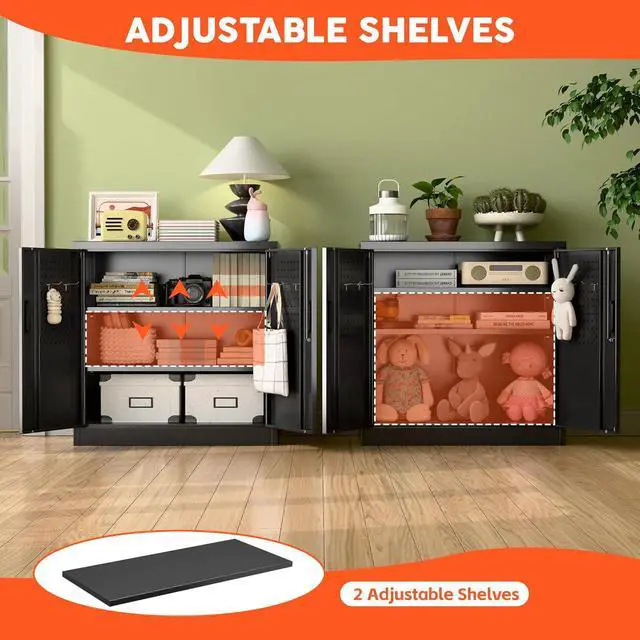 Alt view image 4 of 7 - 31.5" H Garage Storage Cabinet with 2 Shelves, Metal Cabinet with Lock and 4 Hooks for Home Office Garage, Black, Assembly Required