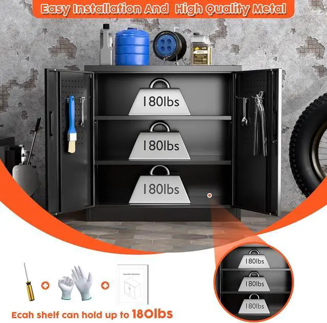 Alt view image 7 of 7 - 31.5" H Garage Storage Cabinet with 2 Shelves, Metal Cabinet with Lock and 4 Hooks for Home Office Garage, Black, Assembly Required