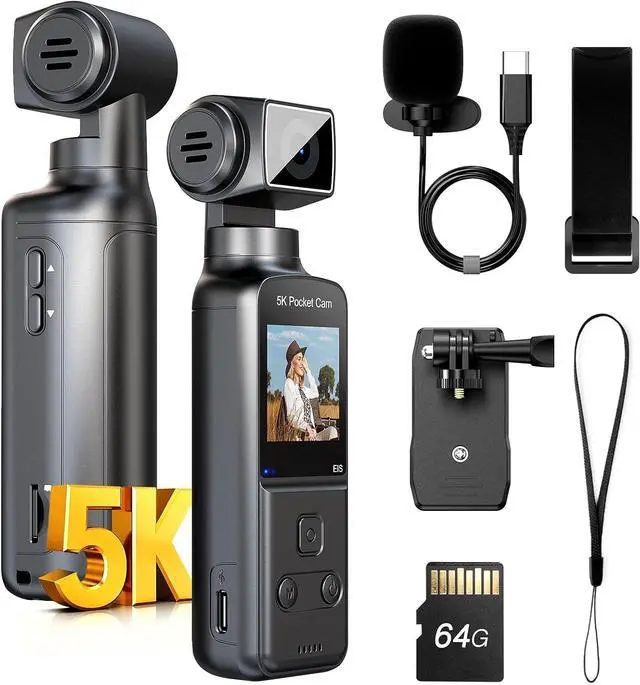 Main image of 5K Body Camera with Microphone, W5 Vlogging Camera, 5K/15FPS and 4K/60FPS with 270° Rotating Lens, External Mic Support, Clip/Strap Options, EIS Stabilization for Meeting, and Daily Use (64GB)