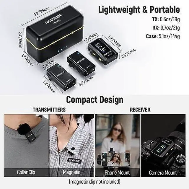 Alt view image 3 of 7 - CM28 Wireless Lavalier Microphone, Smart Noise Cancelling Lav Mic, 48KHz/16Bit 9hrs Uncompressed Recording, 200m Range, 4GB Storage for iPhone, Android, Camera, 1 RX + 2 TX + Charging Case