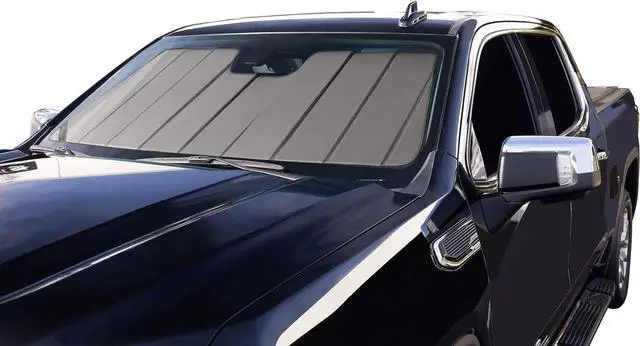 Alt view image 2 of 6 - UVS100 Custom Sunscreen for 2014-19 Silverado/Sierra 1500 (2019 Classic) & 2015-19 2500/3500 Without Lane Departure Warning System - Silver
