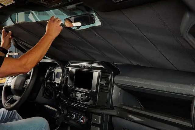 Alt view image 5 of 6 - UVS100 Custom Sunscreen for 2014-19 Silverado/Sierra 1500 (2019 Classic) & 2015-19 2500/3500 Without Lane Departure Warning System - Silver