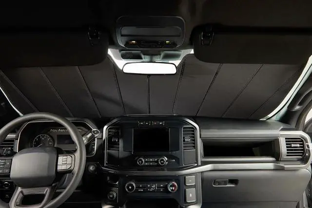 Alt view image 6 of 6 - UVS100 Custom Sunscreen for 2014-19 Silverado/Sierra 1500 (2019 Classic) & 2015-19 2500/3500 Without Lane Departure Warning System - Silver