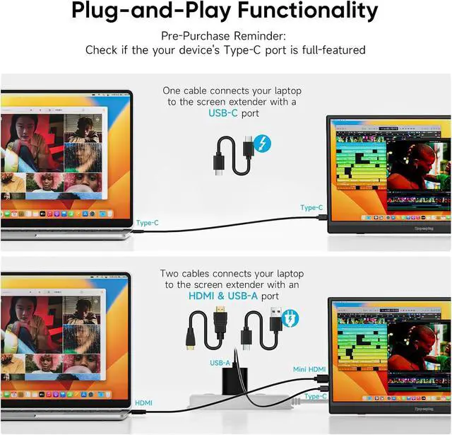 Alt view image 4 of 7 - 15.6'' Portable Monitor, FHD 1080P Laptop Screen Extender, Ultra-Slim IPS HDR Travel Display with Speaker, Dual Full-Function USB-C & HDMI External Monitor for Mac PC Phone Xbox PS5 Switch