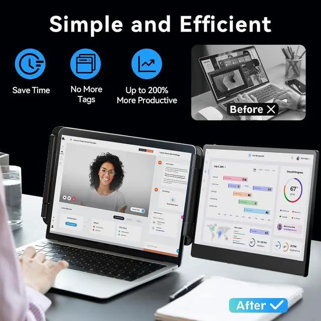 Alt view image 4 of 6 - Laptop Screen Extender Monitor - Dual 14 inch IPS FHD 1080P Extended Monitors for 13"-17" Laptops Type-C/HDMI/USB-A Compatible with Windows Mac Travel Work