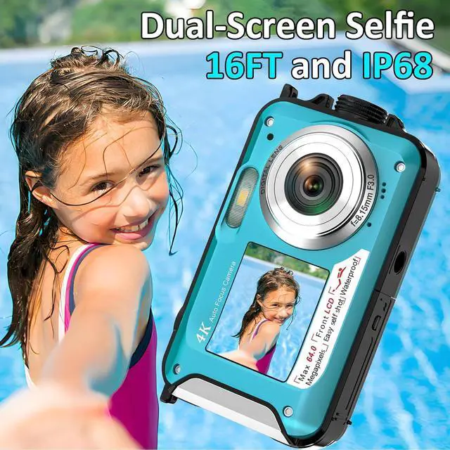 Alt view image 2 of 7 - 4K Underwater Camera 16FT Waterproof Camera with 32GB Card 64MP Autofocus Dual-Screen Selfie Underwater for Snorkeling Waterproof Compact Floatable Digital Camera 1250mAh Battery Type-C (Blue)
