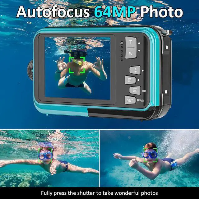 Alt view image 4 of 7 - 4K Underwater Camera 16FT Waterproof Camera with 32GB Card 64MP Autofocus Dual-Screen Selfie Underwater for Snorkeling Waterproof Compact Floatable Digital Camera 1250mAh Battery Type-C (Blue)