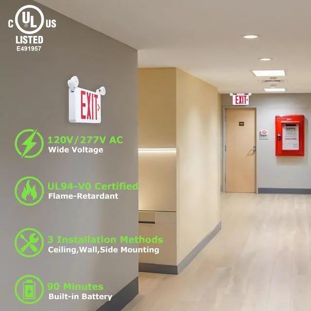Alt view image 2 of 6 - Gruenlich Red Exit Sign with Emergency Lights, 2 Adjustable LED Heads and Backup Battery, UL 924, AC 120/277V, Commercial Hardwired Exit Light for Business, 2 Pack
