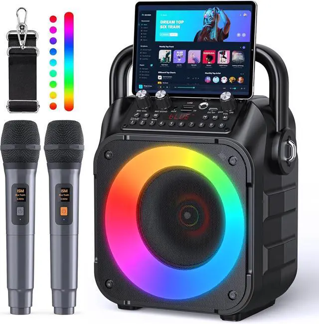 Main image of Karaoke Machine, Portable Bluetooth Speaker with 2 Wireless Microphones for Adults & Kids with Lights, Karaoke Microphone with PA System Supports USB/TF/REC/FM/AUX for Home Party Home System Packages