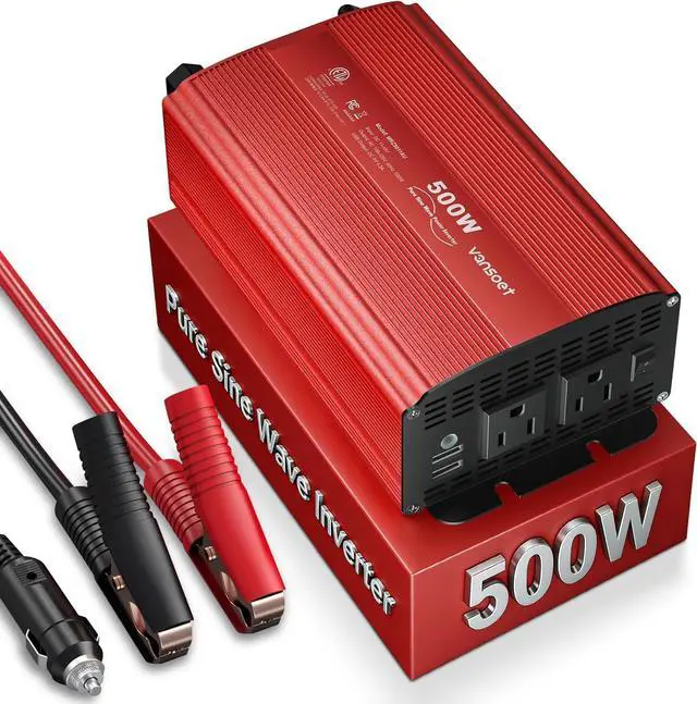 Main image of 500W Pure Sine Wave Power Inverter DC 12V to 110V AC Car Inverter Adapter with 4.2A Dual USB Charging Ports and 2 AC Outlets Inverter (Red)