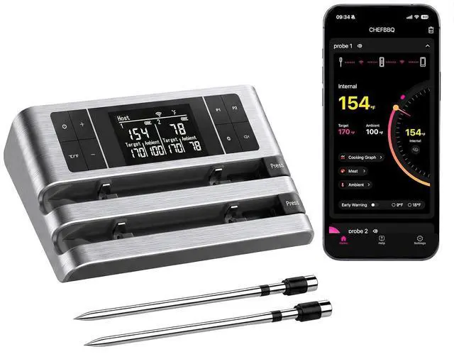 Main image of Wireless Smart Meat Thermometer, Dual-Sensor Probe, 500FT Remote, Dedicated App, Real-Time Temp for Oven/Grill - Rechargeable, Precise for Steak