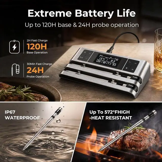 Alt view image 7 of 7 - Wireless Smart Meat Thermometer, Dual-Sensor Probe, 500FT Remote, Dedicated App, Real-Time Temp for Oven/Grill - Rechargeable, Precise for Steak