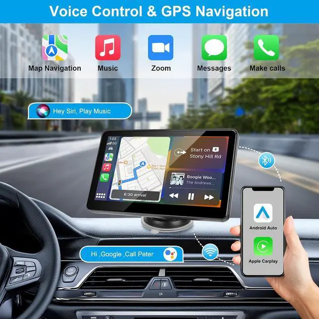 Alt view image 2 of 6 - Portable Wireless CarPlay Screen for Car, 7" HD Touch Screen for Car with CarPlay and Android Auto, Pantalla para Carros with Bluetooth/AUX/FM Transmitter/Voice Control/Navigation for All Vehicles