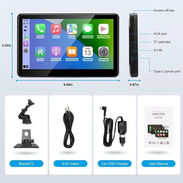 Alt view image 6 of 6 - Portable Wireless CarPlay Screen for Car, 7" HD Touch Screen for Car with CarPlay and Android Auto, Pantalla para Carros with Bluetooth/AUX/FM Transmitter/Voice Control/Navigation for All Vehicles