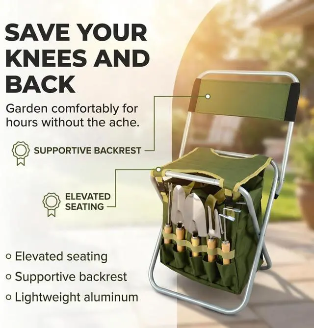 Alt view image 2 of 7 - 10-piece Gardening Tool Set with Zippered Detachable Tote and Folding Stool Seat with Backrest
