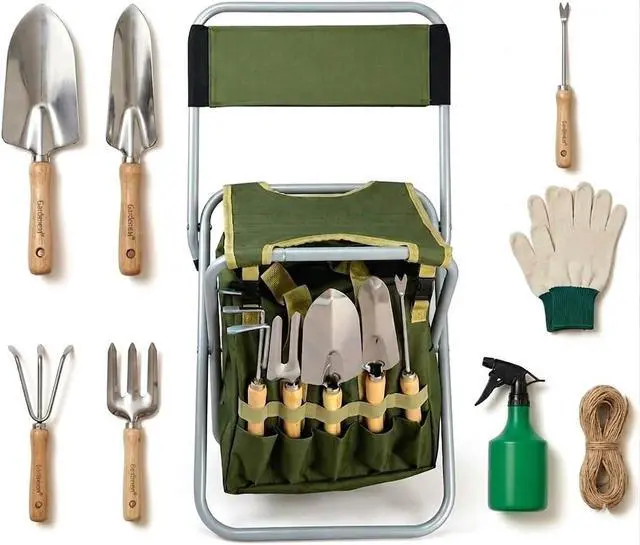 Alt view image 5 of 7 - 10-piece Gardening Tool Set with Zippered Detachable Tote and Folding Stool Seat with Backrest