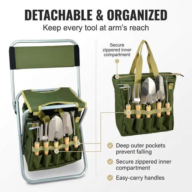 Alt view image 3 of 7 - 10-piece Gardening Tool Set with Zippered Detachable Tote and Folding Stool Seat with Backrest