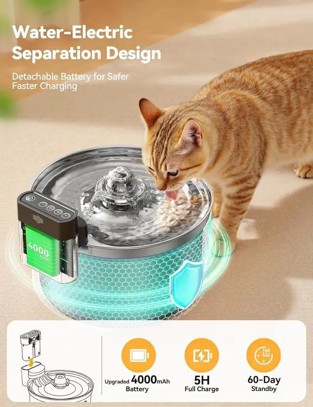 Alt view image 2 of 7 - Wireless Cat Water Fountain - Safe Water-Electricity Separation, 3.5L Stainless Steel, XL Filter for Less Replacement, 4000mAh Battery, Motion Sensor & Ultra-Quiet Pump -